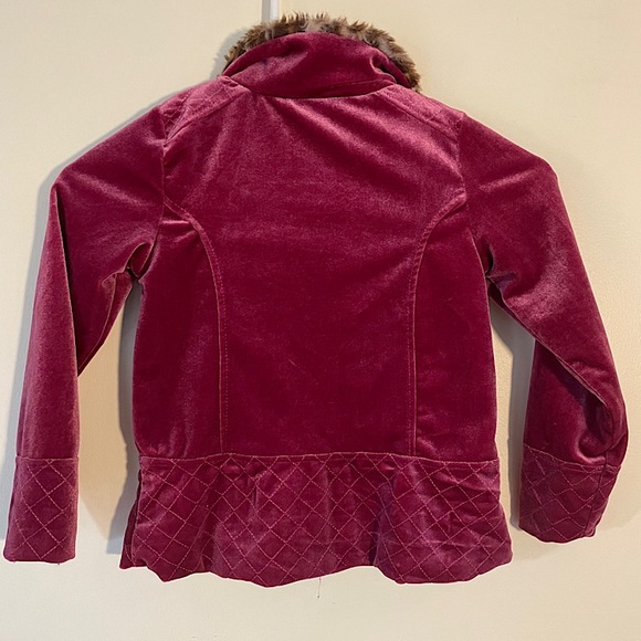 Little Lass Burgundy Velvet Zip Up Jacket with Faux Fur Trim Little Size 5 - Picture 3 of 6